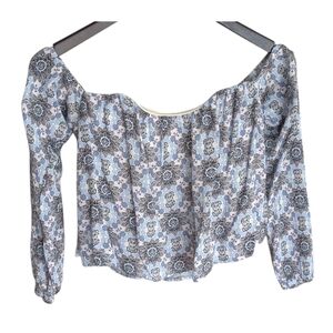 LA Hearts Blue & Grey Floral Off-Shoulder Long Sleeve Crop Top Size S